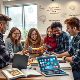 A highly detailed and realistic photograph capturing the theme of psychology, thinking, and social networks among students