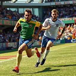 An action-packed scene depicting Roberto Carlos dramatically escaping from David Beckham in a playful chase on a vibrant football field