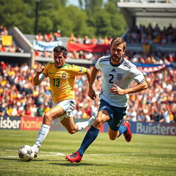 An action-packed scene depicting Roberto Carlos dramatically escaping from David Beckham in a playful chase on a vibrant football field