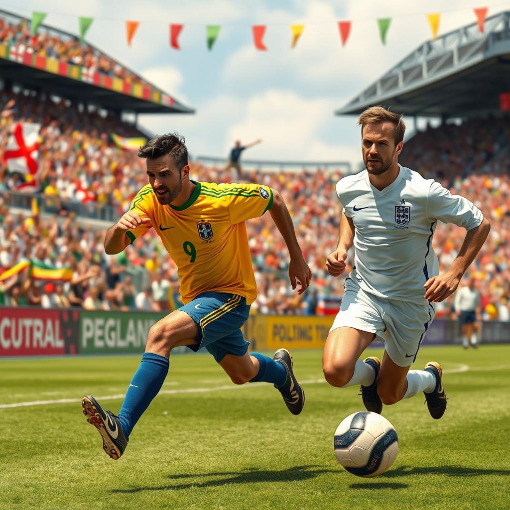 An action-packed scene depicting Roberto Carlos dramatically escaping from David Beckham in a playful chase on a vibrant football field