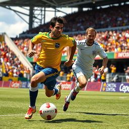An action-packed scene depicting Roberto Carlos dramatically escaping from David Beckham in a playful chase on a vibrant football field
