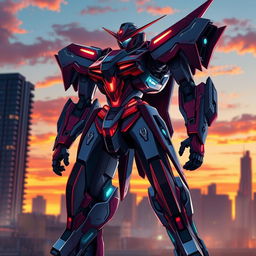 A beautifully detailed and artistic depiction of an Eva Series 00 mech, standing in a dramatic pose in an urban landscape during sunset