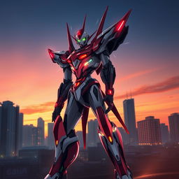 A beautifully detailed and artistic depiction of an Eva Series 00 mech, standing in a dramatic pose in an urban landscape during sunset