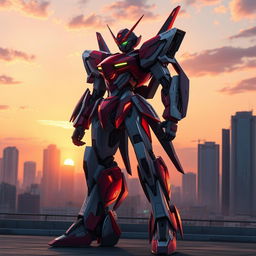 A beautifully detailed and artistic depiction of an Eva Series 00 mech, standing in a dramatic pose in an urban landscape during sunset