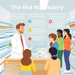 The role of the pharmacist in healthcare, emphasizing their responsibilities in patient care, medication dispensing, health consultations, and education on medications