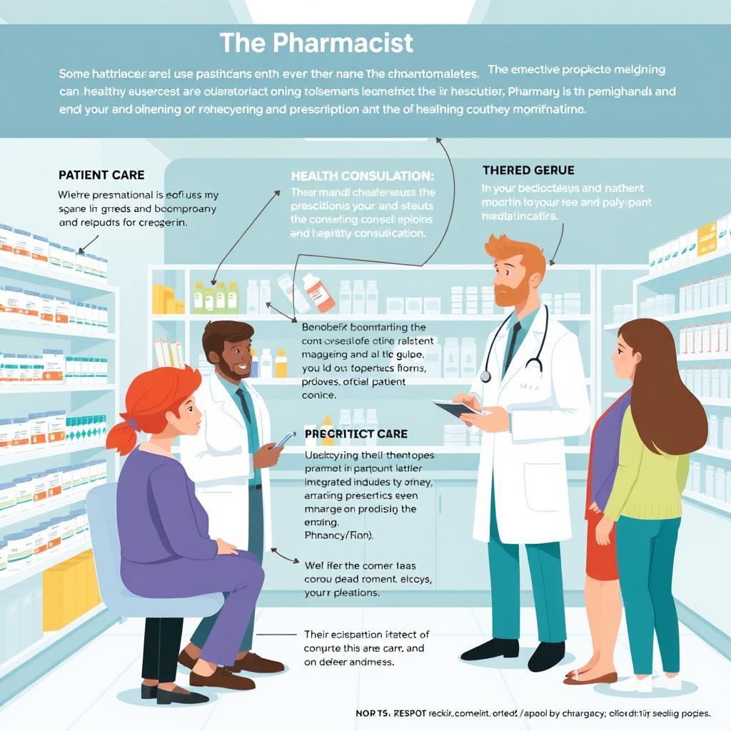 The role of the pharmacist in healthcare, emphasizing their responsibilities in patient care, medication dispensing, health consultations, and education on medications