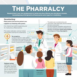 The role of the pharmacist in healthcare, emphasizing their responsibilities in patient care, medication dispensing, health consultations, and education on medications