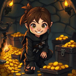 A cute halfling rogue thief with a playful grin, wearing a dark, fitted leather outfit that allows for agile movement