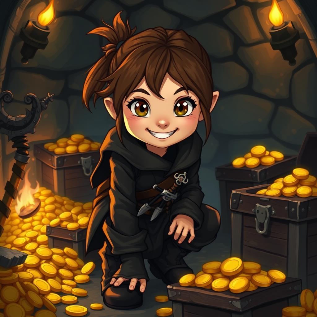 A cute halfling rogue thief with a playful grin, wearing a dark, fitted leather outfit that allows for agile movement