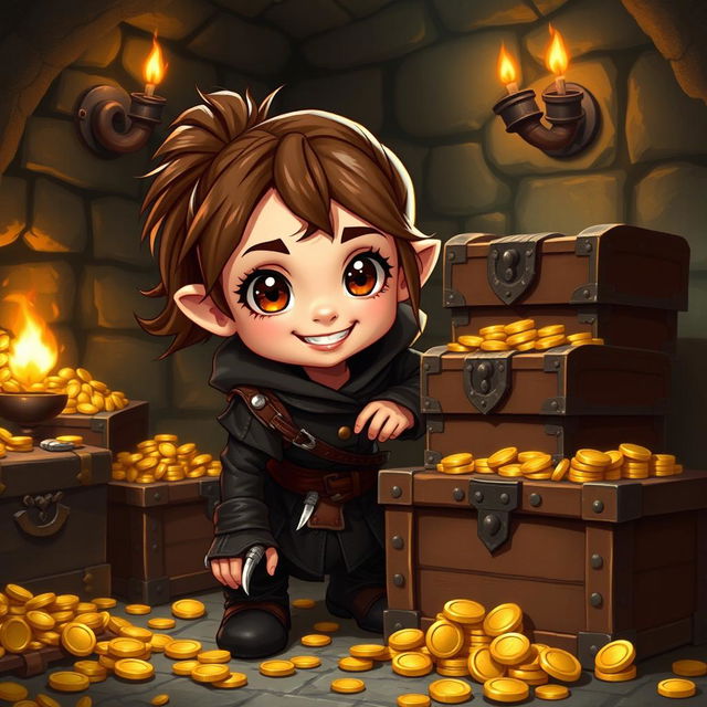 A cute halfling rogue thief with a playful grin, wearing a dark, fitted leather outfit that allows for agile movement