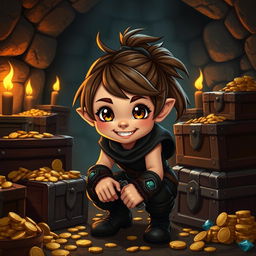 A cute halfling rogue thief with a playful grin, wearing a dark, fitted leather outfit that allows for agile movement