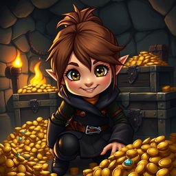 A cute halfling rogue thief with a playful grin, wearing a dark, fitted leather outfit that allows for agile movement