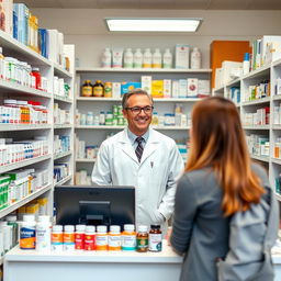 A professional pharmacist standing behind a pharmacy counter, surrounded by shelves stocked with various medications and health products