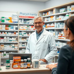 A professional pharmacist standing behind a pharmacy counter, surrounded by shelves stocked with various medications and health products