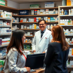 A professional pharmacist standing behind a pharmacy counter, surrounded by shelves stocked with various medications and health products