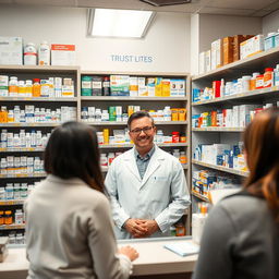 A professional pharmacist standing behind a pharmacy counter, surrounded by shelves stocked with various medications and health products