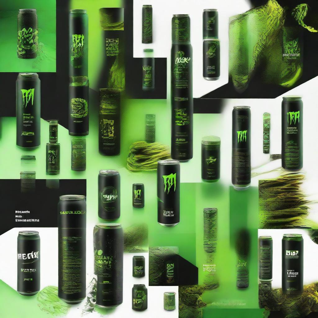 Revise the BDE energy drink moodboard to incorporate more dark tones, especially black and green, while maintaining the vibrant and high-energy aesthetic to highlight the brand's dynamism.