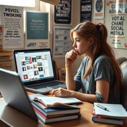 A highly detailed and realistic photograph illustrating the theme of psychology, realistic thinking, and social media, featuring a high school student
