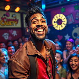 A bold and charismatic comedian performing on stage, radiating confidence and humor, with a focus on the originality and distinct features of their face