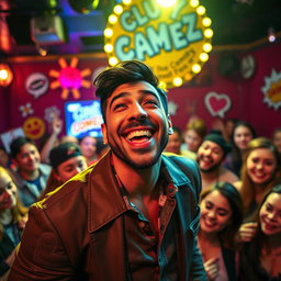 A bold and charismatic comedian performing on stage, radiating confidence and humor, with a focus on the originality and distinct features of their face