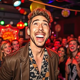 A bold and charismatic comedian performing on stage, radiating confidence and humor, with a focus on the originality and distinct features of their face