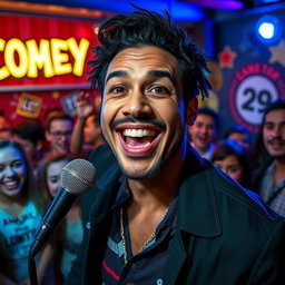 A bold and charismatic comedian performing on stage, radiating confidence and humor, with a focus on the originality and distinct features of their face