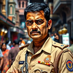 A detailed and dramatic portrait of a police inspector in India, wearing a traditional khaki uniform with a badge displaying the insignia of the Indian Police Service