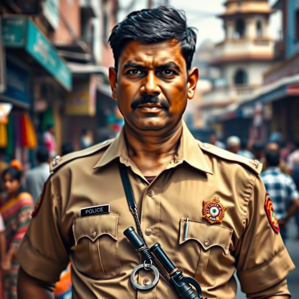 A detailed and dramatic portrait of a police inspector in India, wearing a traditional khaki uniform with a badge displaying the insignia of the Indian Police Service