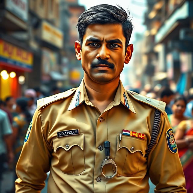 A detailed and dramatic portrait of a police inspector in India, wearing a traditional khaki uniform with a badge displaying the insignia of the Indian Police Service