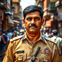 A detailed and dramatic portrait of a police inspector in India, wearing a traditional khaki uniform with a badge displaying the insignia of the Indian Police Service