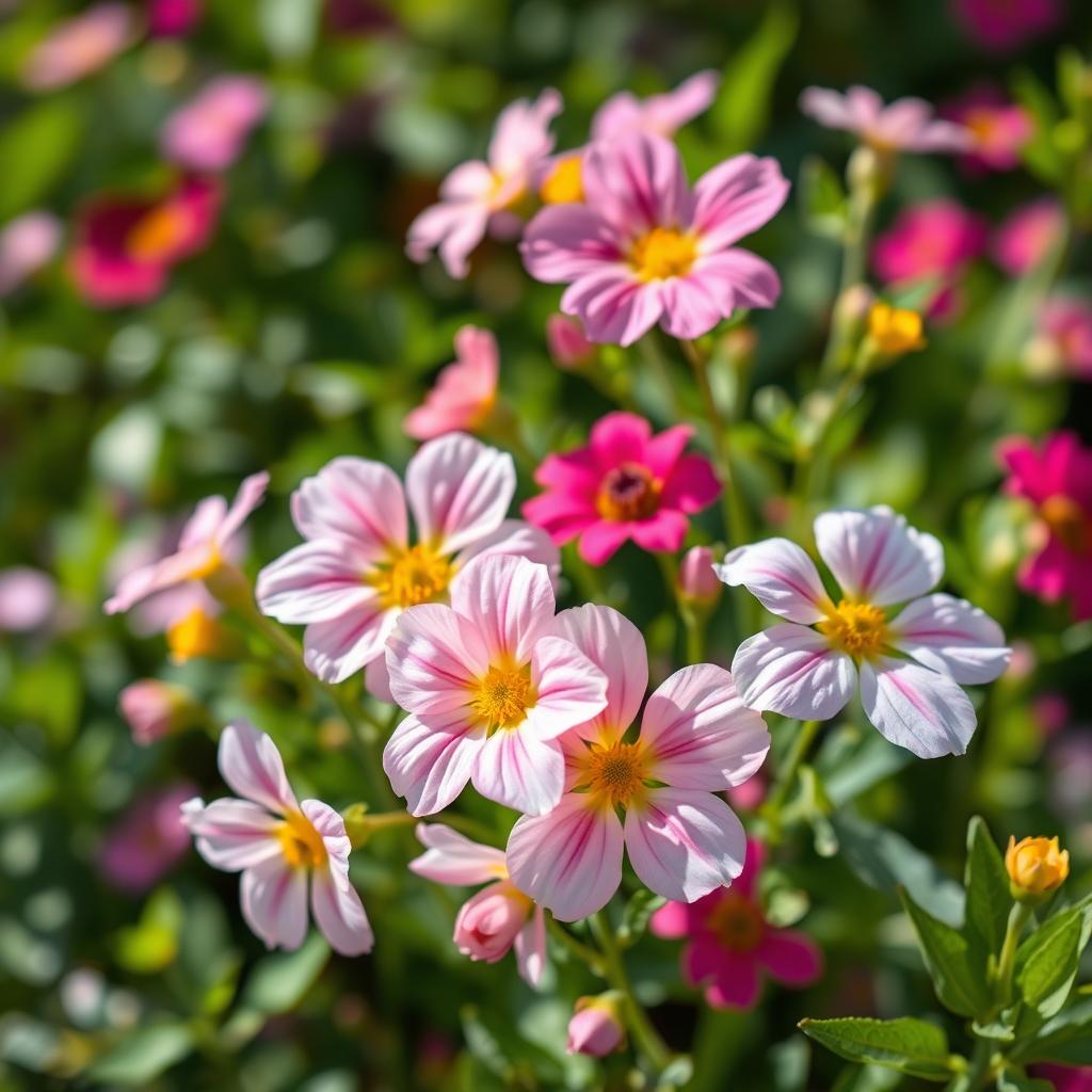A vibrant, fresh background featuring the same delicate flowers from the provided picture, arranged in a realistic and natural setting