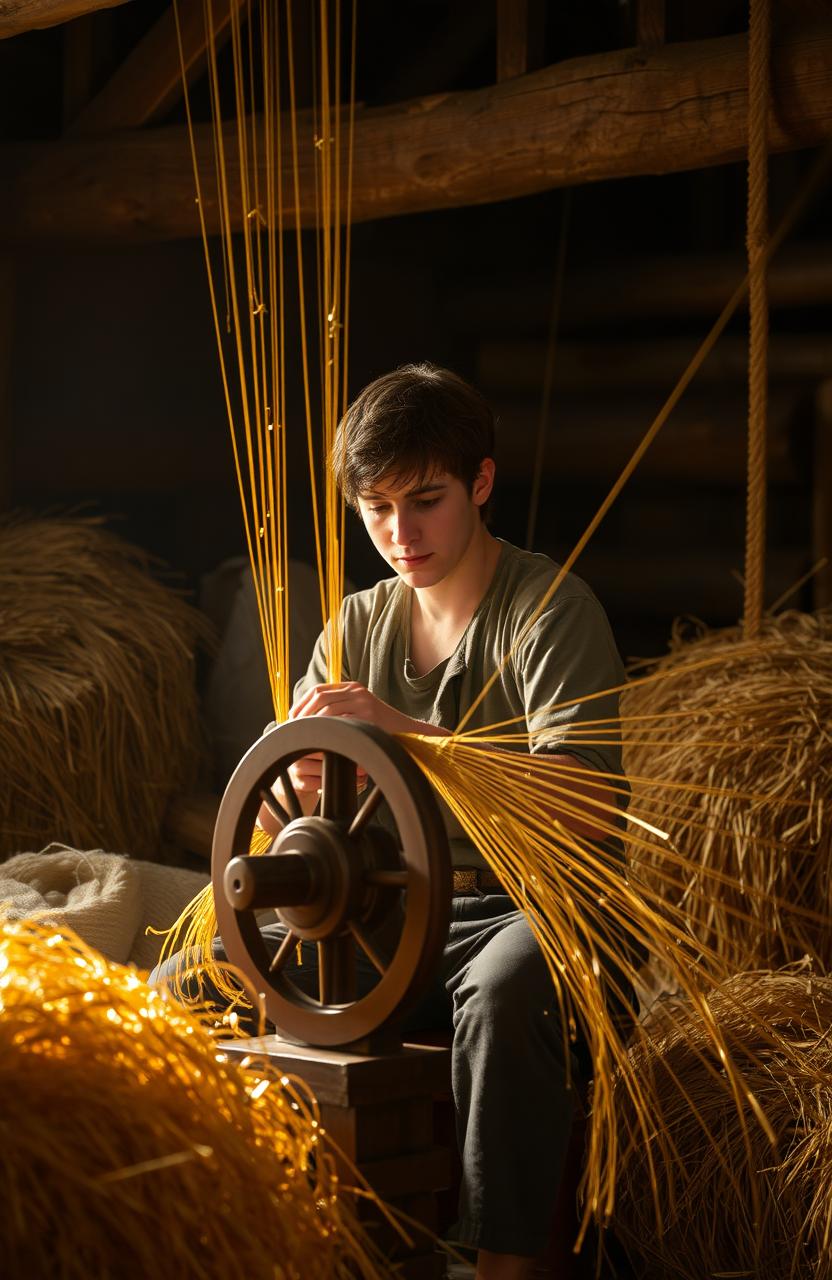 A young man intently working at a spinning wheel, surrounded by piles of straw, as he skillfully spins the straw into shimmering gold thread