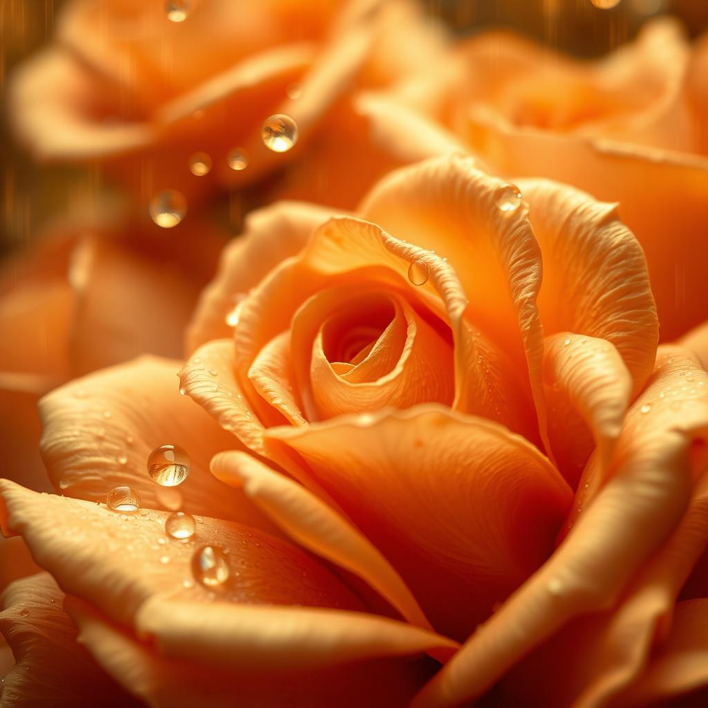 A glamorous background featuring rich golden colors with intricate details of raindrops gracefully falling on soft, velvety petals of roses