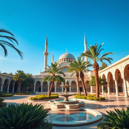 A beautiful and serene landscape featuring an ancient Islamic architecture, with intricate tile work and elegant arches