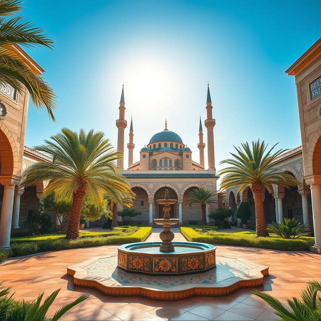 A beautiful and serene landscape featuring an ancient Islamic architecture, with intricate tile work and elegant arches