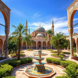 A beautiful and serene landscape featuring an ancient Islamic architecture, with intricate tile work and elegant arches