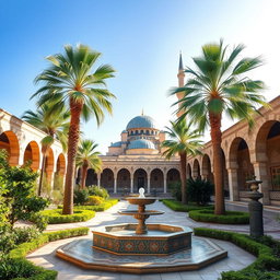 A beautiful and serene landscape featuring an ancient Islamic architecture, with intricate tile work and elegant arches