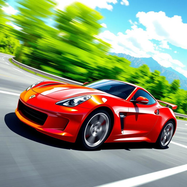 A vibrant 2D illustration of a sleek sports car in motion, featuring dynamic lines to emphasize speed and movement