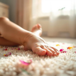 A close-up shot of a woman's feet resting comfortably on a soft, fluffy carpet