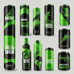 Revise the BDE energy drink moodboard to incorporate more dark tones, especially black and green, while maintaining the vibrant and high-energy aesthetic to highlight the brand's dynamism.