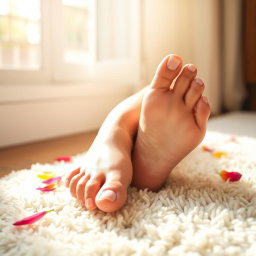 A close-up shot of a woman's feet resting comfortably on a soft, fluffy carpet