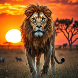 A majestic lion standing regally in a sunlit savanna, with its golden mane flowing gently in the wind