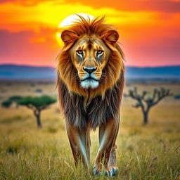 A majestic lion standing regally in a sunlit savanna, with its golden mane flowing gently in the wind