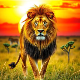 A majestic lion standing regally in a sunlit savanna, with its golden mane flowing gently in the wind