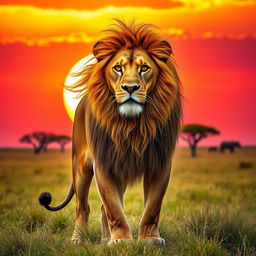 A majestic lion standing regally in a sunlit savanna, with its golden mane flowing gently in the wind