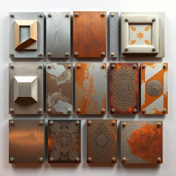A collection of metallic panels arranged in an aesthetically pleasing layout
