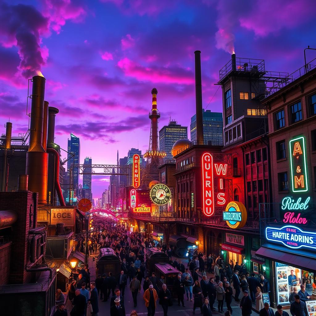 A vibrant industrial revolution cityscape illuminated with striking neon lights, showcasing a mix of historical architecture and futuristic elements