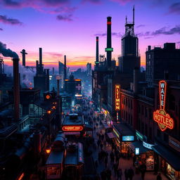 A vibrant industrial revolution cityscape illuminated with striking neon lights, showcasing a mix of historical architecture and futuristic elements