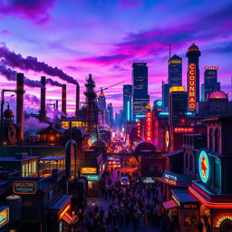 A vibrant industrial revolution cityscape illuminated with striking neon lights, showcasing a mix of historical architecture and futuristic elements