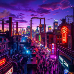 A vibrant industrial revolution cityscape illuminated with striking neon lights, showcasing a mix of historical architecture and futuristic elements